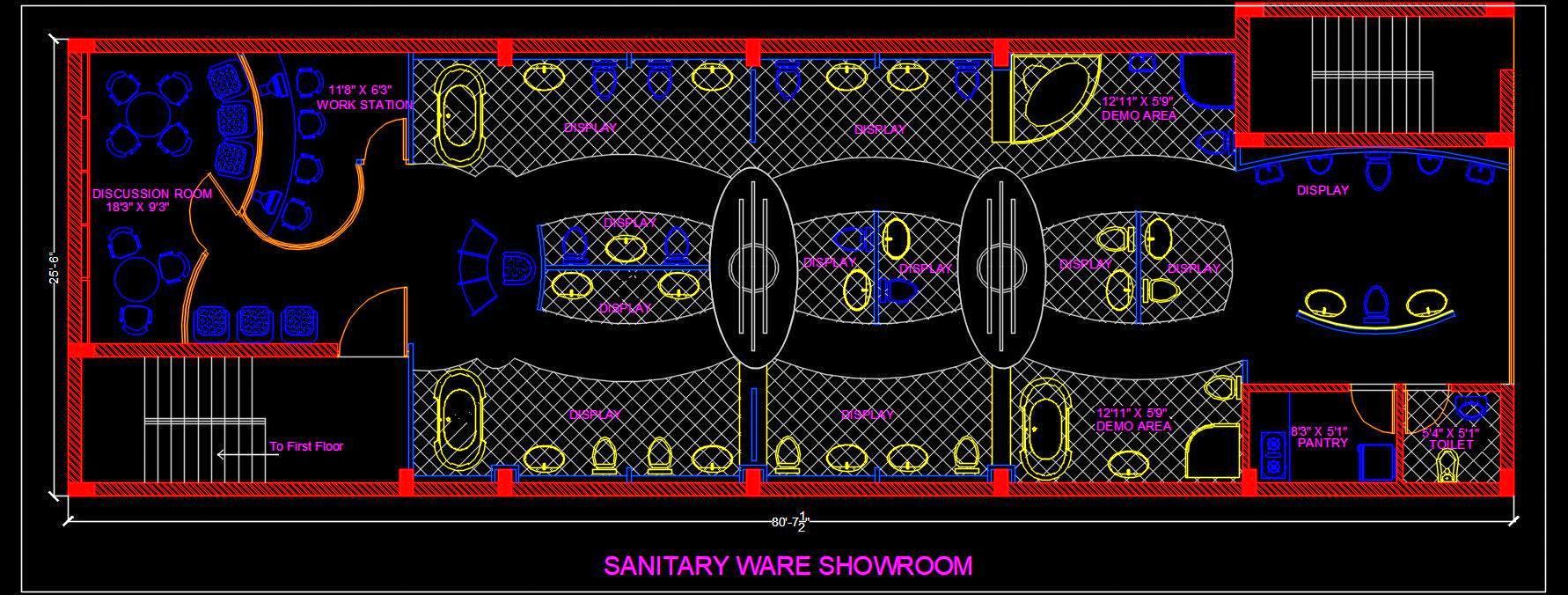 Sanitary Ware Showroom Autocad Drawing - 80x25 Layout